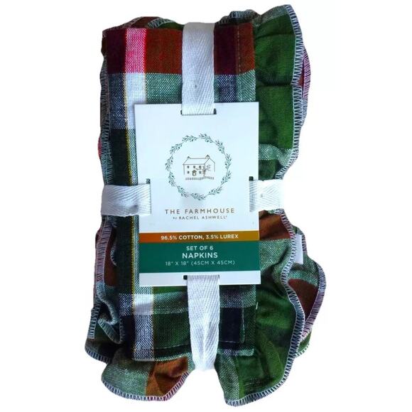 RACHEL ASHWELL Farmhouse Set 6 Christmas Plaid Cloth Napkins Red Green Gold NWT - Picture 1 of 15